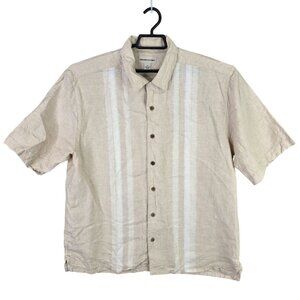 Mens Pronto Uomo Beige Striped Shirt 100% Linen Button Up Short Sleeve Size XL
